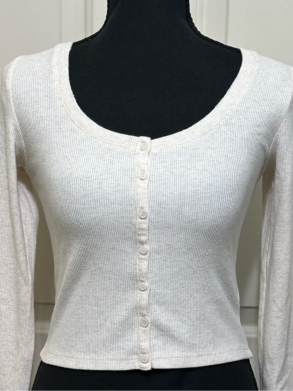 Cream Scoop Neck Button-Front Long Sleeve Top